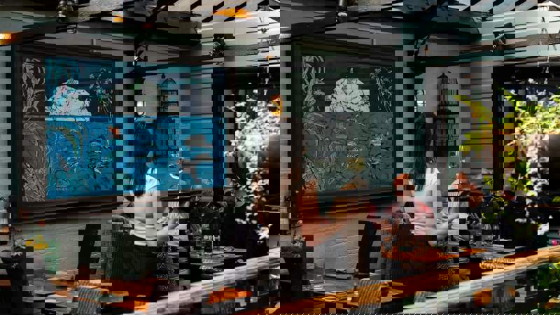 Indoor dining under a glass roof with soft lighting, hanging plants, and vibrant art. Guests chat while a server delivers white wine.