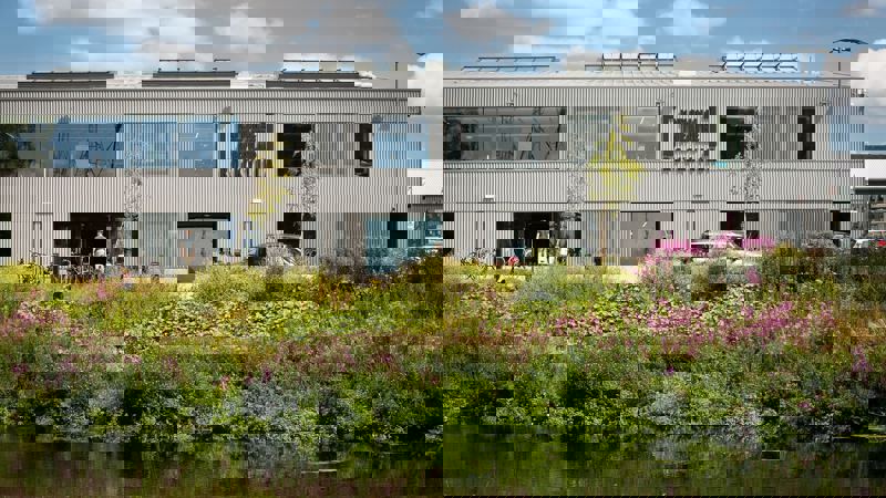 A two-story, modern building with a corrugated metal exterior sits next to a body of water, surrounded by tall grasses and purple flowers.