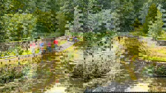 People walk and cycle along a green path next to a calm canal with reflections of trees and sky.